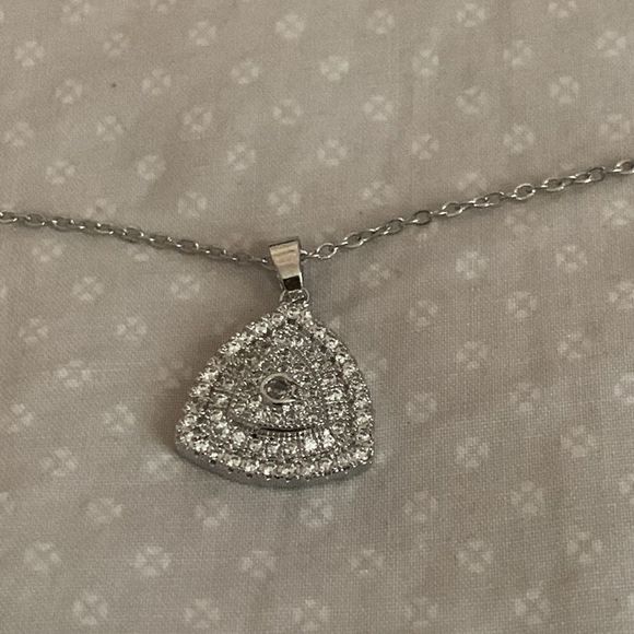 Pave White Gold Plated Triangle Necklace on 18” Silver Chain - Picture 3 of 4